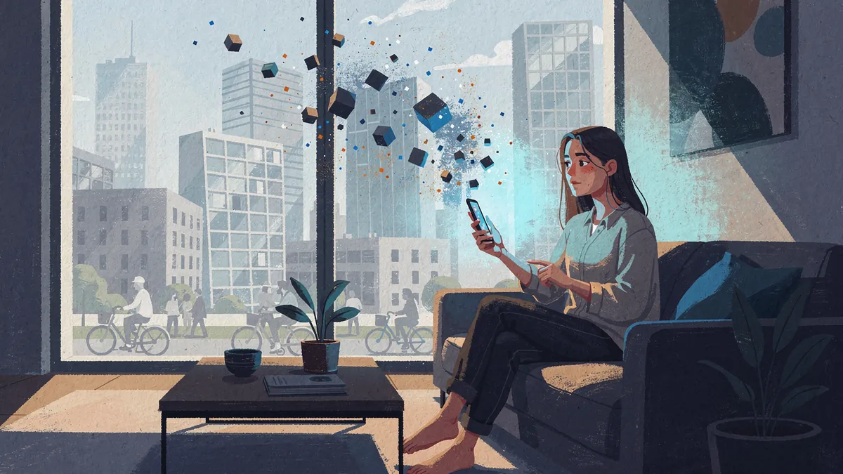 Illustration of a young woman in a modern apartment watching unwanted shapes float out of her phone and dissolve into sparks